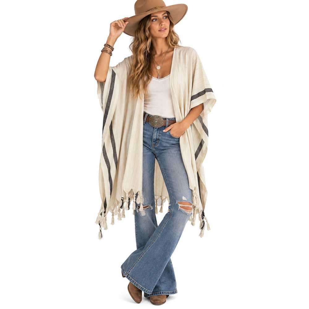 The Loomia Silvia Kimono Womens OS Cream Black Turkish Cotton Fringe Boho